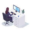 © GN.STUDIO - A woman sits at a desk using a computer with a plant nearby. Vector illustration