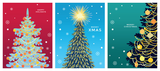 Vector Set of Merry Christmas greeting card. Trendy  design with Christmas tree decorations, gifts, snowflakes, stars. Handmade drawing vector illustration.