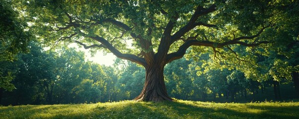 Wall Mural - Majestic tree with lush green leaves in a serene forest setting, soft sunlight filtering through.