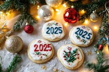 Wall Mural - Decoratively iced cookies with the year 2025, surrounded by festive ornaments and lights during the holiday season