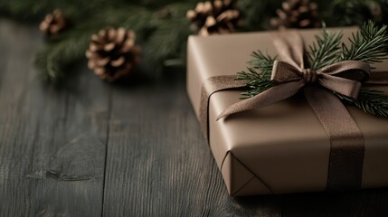 A beautifully wrapped gift with brown paper and adorned with pine sprig and ribbon sits on a rustic wooden table, evoking a sense of elegance and warmth.