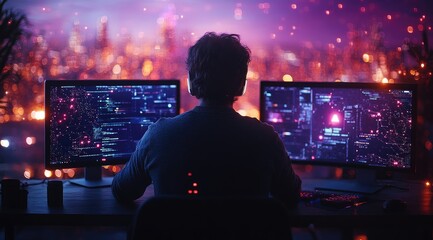 A programmer sits in front of two monitors with glowing code, working late into the night.