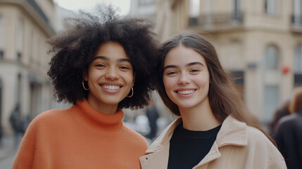 Wall Mural - Two young women of diverse backgrounds smiling together in an urban setting, symbolizing friendship, joy, and cultural harmony.