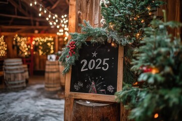 Wall Mural - Festive decoration featuring a chalkboard with '2025' amidst holiday lights and greenery in a rustic setting