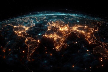 planet earth rotating showing global network connections and city lights