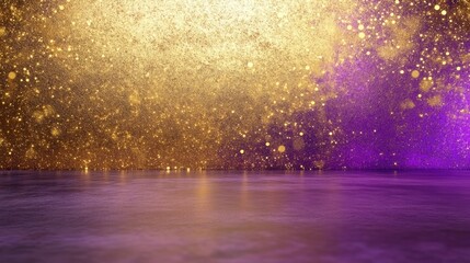 Wall Mural - abstract gold and luxury purple sparkling bokeh wall and floor background in studio setting, elegant