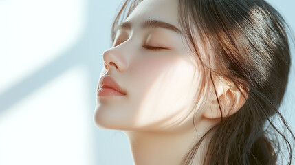 Aufkleber - 若い綺麗なアジア人女性モデルの横顔。日差しを浴びて輝いている美肌にフォーカスした美容ポートレート。