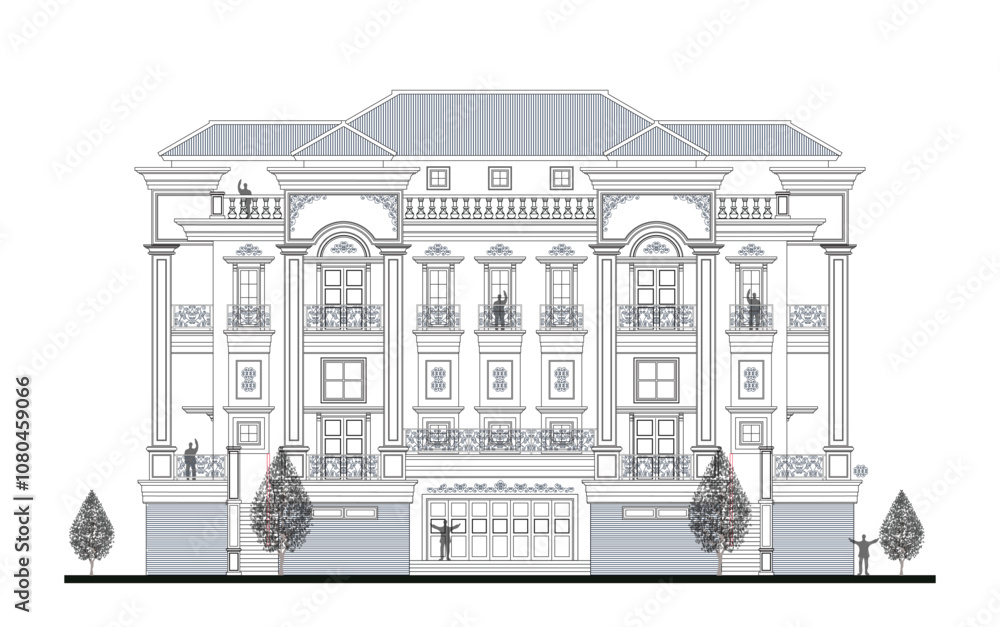 Facade of 4 storeys symmetrical modern classic building with 5 doors ...