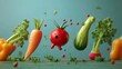 © KerXing - Playful scene of floating vegetables, including a surprised tomato, carrot, and zucchini, in a colorful kitchen environment.