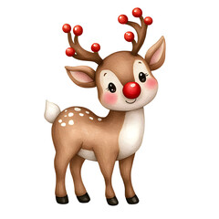 Wall Mural - A cartoon deer with antlers and a red nose is standing on a white background