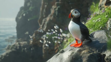 Puffin standing on a rocky ledge, vibrant beak and black feathers, cute and curious, representing wildlife, coastal ecosystem, nature's beauty.