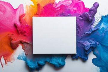 Aufkleber - Blank canvas surrounded by vibrant splashes of red, blue, and yellow paint, symbolizing creativity, freedom, and artistic expression in a dynamic setup, Generative AI