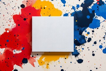 Aufkleber - Blank canvas surrounded by vibrant splashes of red, blue, and yellow paint, symbolizing creativity, freedom, and artistic expression in a dynamic setup, Generative AI