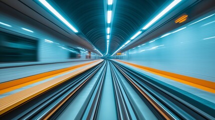 Fototapete -  Long futuristic hallway with blue lighting and sleek design, embodying modernity, symmetry, and a calm, professional atmosphere for a high-tech environment, Generative AI