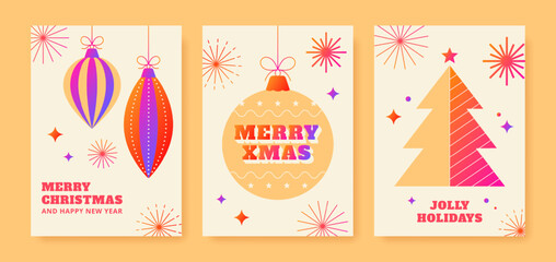 Wall Mural - Set of Christmas posters with gradient colors. Greeting cards with ornaments, christmas ball and christmas tree. Vector illustration