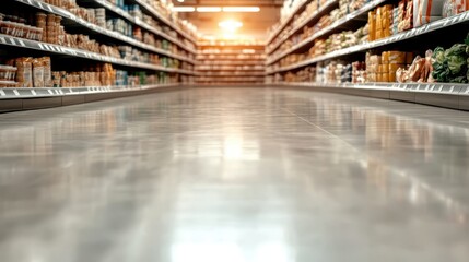 This image captures a long aisle in a grocery store filled with various products arranged systematically on shelves, glowing under bright store lighting overhead.