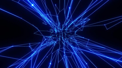 Wall Mural - moving through a futuristic grid. abstract background in blue neon glow color. concept of high speed