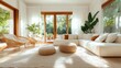 © JoxyAimages - An airy, bright lounge area that incorporates natural elements with large windows displaying lush greenery, accentuated by white furniture and calming earthy details.