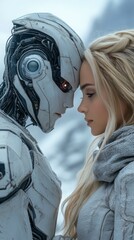 Wall Mural - cybernetic love: blonde woman and advanced robot in winter embrace