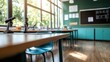 © JoxyAimages - A sunlit classroom showcases wooden tables, teal chairs, and microscopes, creating a learning environment with large windows and a modern science theme.