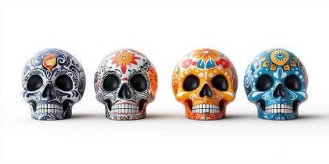 Wall Mural - Colorful decorative ethnic skulls representing cultural heritage and artistry. Set of colorful decorative skulls with intricate pattern designs isolated on white.