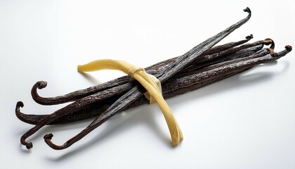 fresh vanilla beans displayed on a white surface for culinary use isolated on white background