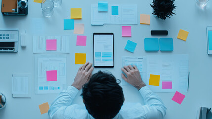 Programmer Designing Mobile Interface, overhead view of a focused developer sketching app wireframes and brainstorming innovative ideas