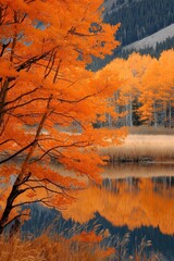 Wall Mural - Vivid orange autumn trees mirrored in a serene pond with mountain backdrop.