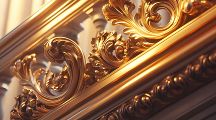 Grand golden baroque decorative element with complex volutes and floral carvings, attached to an opulent staircase railing, glowing in soft morning light. Opulent. Illustration