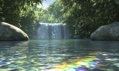 Sticker - Sparkling waterfall, radiant rainbow mist, secret retreat, digital artwork.