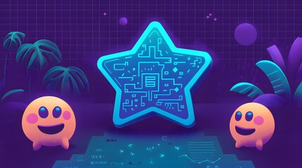 Wall Mural - Neon Circuit Star Achievement Award Emojis Tropical Background