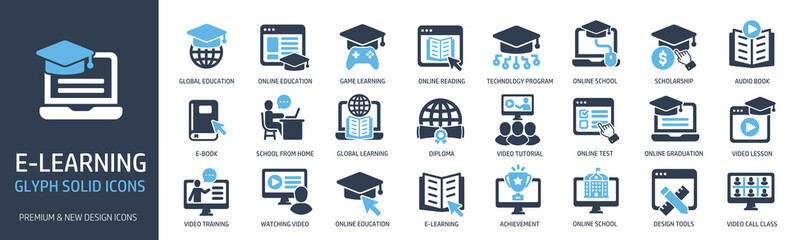Wall Mural - e-learning glyph solid icons collection. containing school, education, study, diploma. for website m