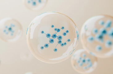 Wall Mural - 3d rendering of transparent bubbles with blue molecules inside, close-up on a light background. conc