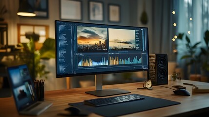 Sticker - Modern workspace with computer monitor, or desktop, screen mock up on wooden table.