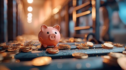 A pink piggy bank surrounded by golden coins, set in a warm, glowing environment that suggests savings and financial growth.