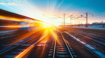 A scenic sunset at a train station: a fast-moving train, blurred on tracks, under a blue and gold dusk sky with a warm, glowing sun setting.