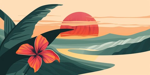 Wall Mural - a flower with a red center is on a leaf. the background is a sunset with a red sun