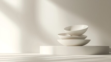 Wall Mural - Minimalist Display of Three White Bowls on a Simple Pedestal against a Light and Airy Background for Contemporary Interior Design Inspiration
