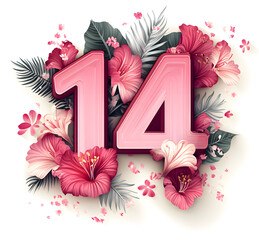 Wall Mural - Beautiful number 14 surrounded by vibrant pink hibiscus flowers, tropical leaves, and floral accents, ideal for birthdays, anniversaries, events, or romantic celebrations.

