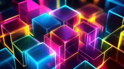 Aufkleber - Vibrant Neon Cubes in Abstract 3D Background at Night with Futuristic Glowing Colors and Modern Digital Aesthetics