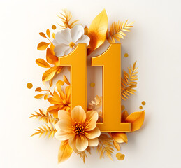 Wall Mural - Number 11 golden floral design, perfect for anniversaries, birthdays, celebrations, luxurious decorations, artistic illustration, and elegant aesthetic themes