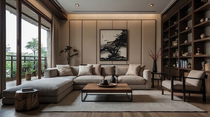 Wall Mural - Elegant japandi living room with large windows showcasing greenery in a serene urban setting during daylight hours