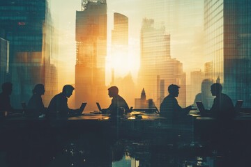 Poster - As the sun sets, a group of dedicated professionals is engaged in their work within a vibrant and modern office environment, inspiring teamwork and fostering innovation for future projects and ideas