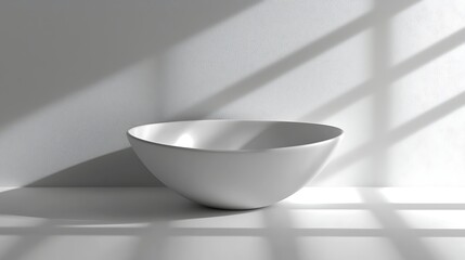 Wall Mural - Minimalistic White Bowl on Clean Surface with Soft Shadows and Light Patterns, Ideal for Interior Design, Culinary and Modern Aesthetic Applications
