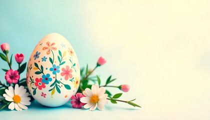 Wall Mural - Floral Easter egg with spring flowers on pastel vintage card background