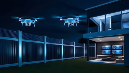 Leinwandbilder - Drone surveillance in residential area at night technology modern home outdoor aerial view security awareness