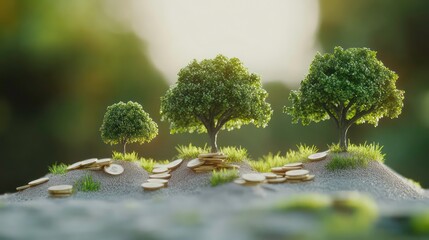 Aufkleber - Three small trees growing on a hill of gold coins, symbolizing growth and wealth.