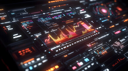 Wall Mural - Photorealistic holographic financial dashboard with dynamic teal and orange charts