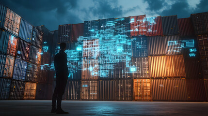 Wall Mural - Holographic logistics data overlay on shipping containers at twilight in busy port