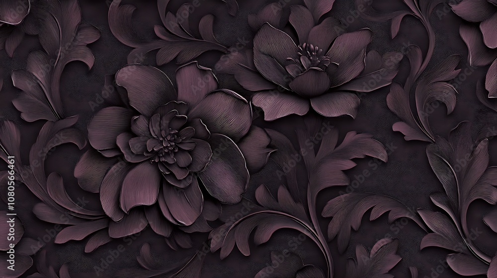 A wallpaper design using shades of a single color to depict detailed ...